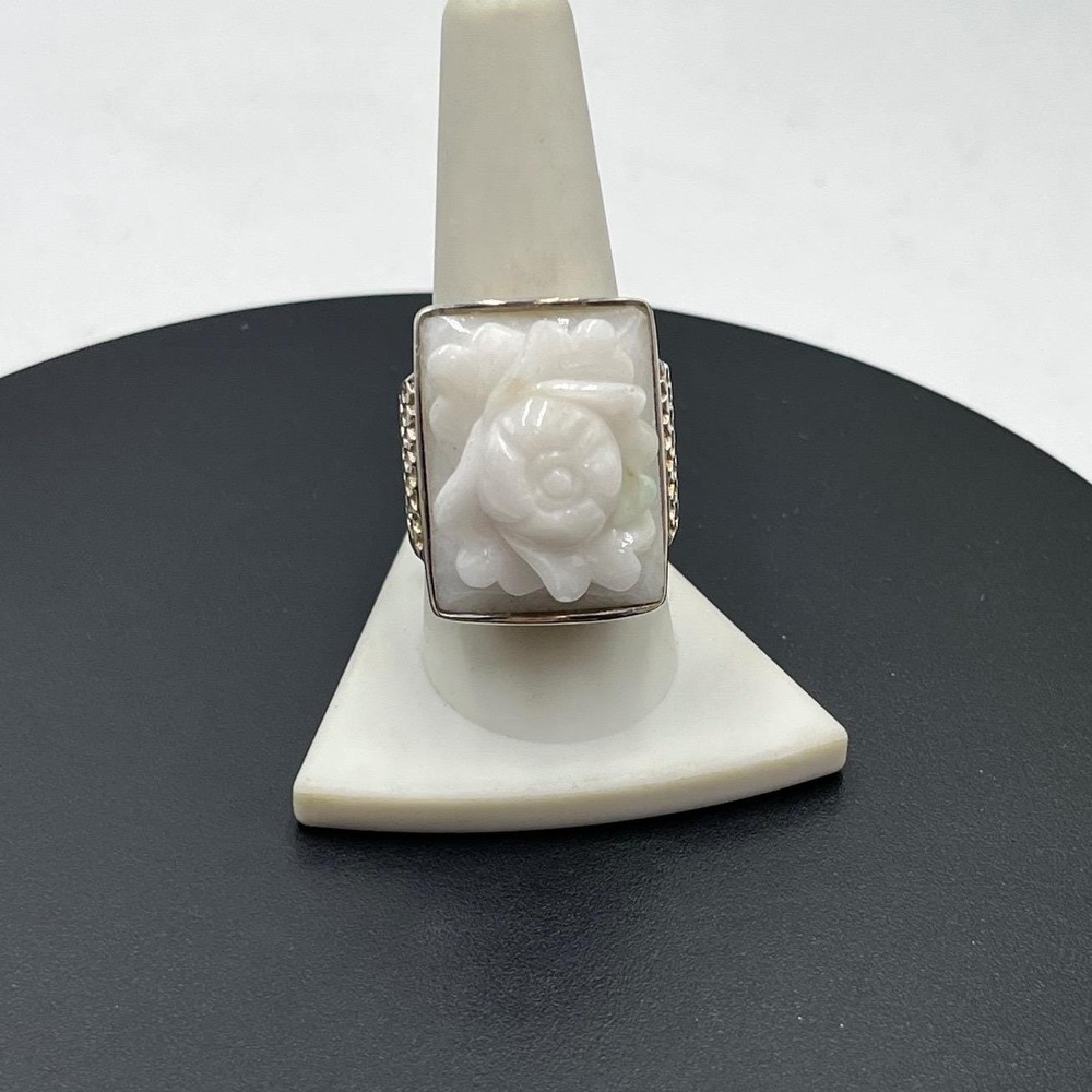 PJS‎ 925 Sterling Carved White Jade Jadeite Rose Floral Ring Sz 10, 18 grams